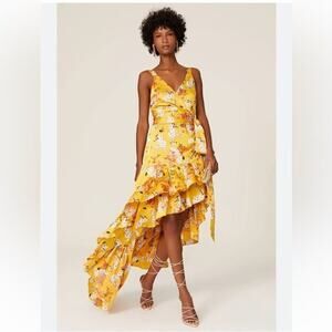 RTR Bronx and BancoNarciss Dress Sz Medium Yellow Floral asymmetrical ruffle